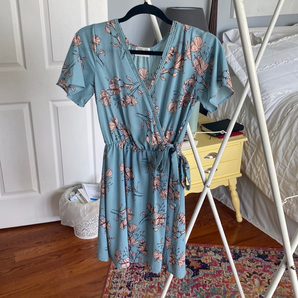 XS Blue and Pink Floral Wrap Dress